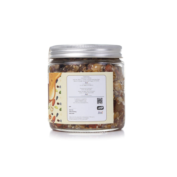 Jar of mixed nuts with a label on a white background