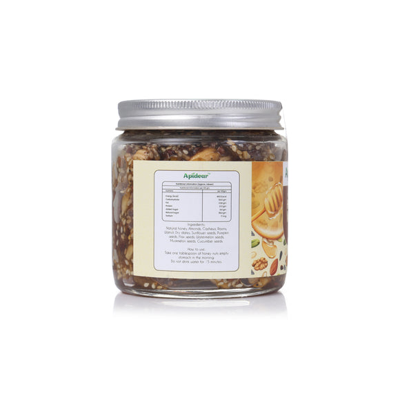 Almonds, cashews, and walnuts inside honey showing premium quality nut mixture of Apidear HoneyNut.